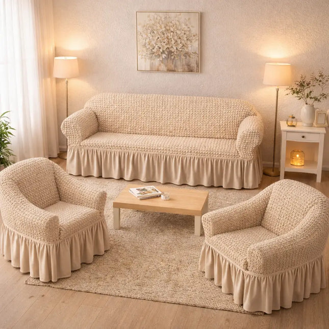 Huse Elastice si Creponate cu Volan, Canapea 3 Persoane + 2 Huse Fotolii