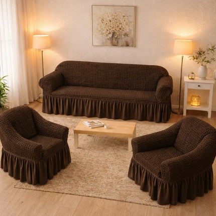 Huse Elastice si Creponate cu Volan, Canapea 3 Persoane + 2 Huse Fotolii
