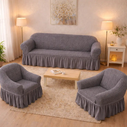 Huse Elastice si Creponate cu Volan, Canapea 3 Persoane + 2 Huse Fotolii